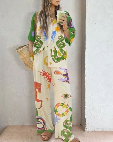 Women's Casual Vintage Style Ethnic Style Animal Cotton And Linen Printing Pants Sets