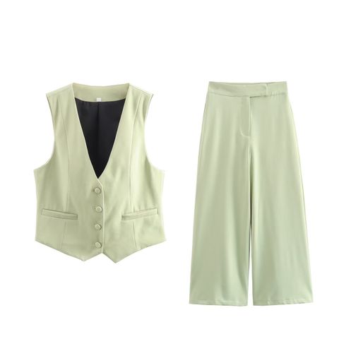 Women's Casual Solid Color Polyester Button Pants Sets