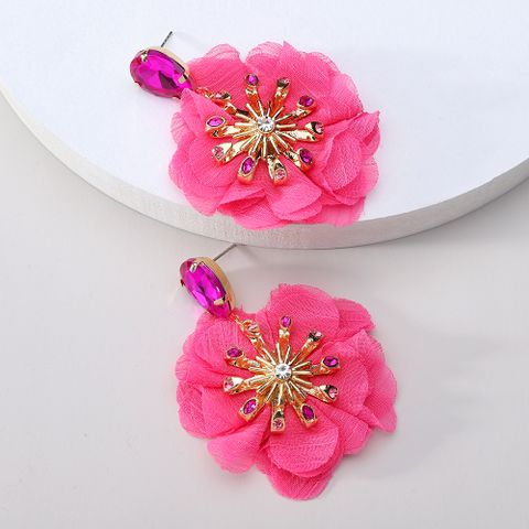 Retro Flower Copper Chiffon Inlay Rhinestones Women's Drop Earrings