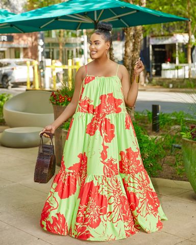 Women's Strap Dress Vacation Strapless Printing Sleeveless Flower Maxi Long Dress Holiday Beach