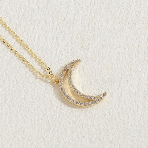 Elegant Luxurious Classic Style Moon Copper 14k Gold Plated Zircon Pendant Necklace In Bulk