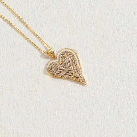Elegant Luxurious Classic Style Heart Shape Copper 14k Gold Plated Zircon Pendant Necklace In Bulk