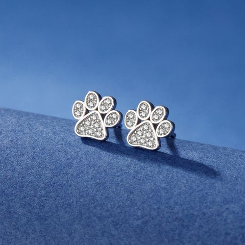 1 Pair Cute Simple Style Paw Print Inlay Sterling Silver Rhinestones Ear Studs