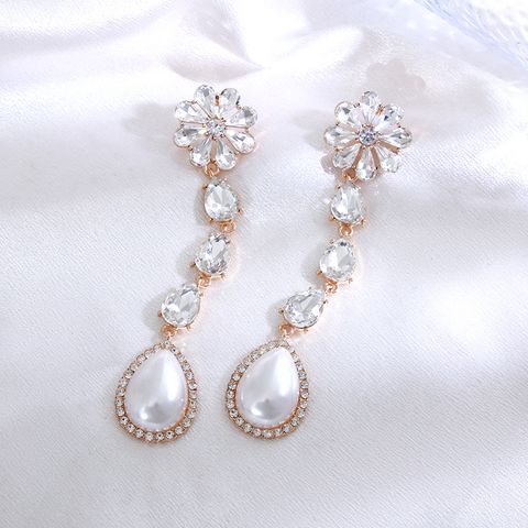 1 Pair Sweet Flower Inlay Rhinestone Artificial Gemstones Drop Earrings