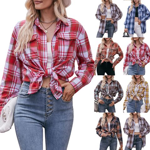 Frau Bluse Lange Ärmel Blusen Tasche Lässig Einfacher Stil Plaid