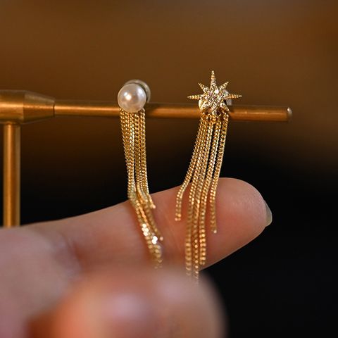 1 Pair Elegant Star Tassel Inlay Artificial Pearl Sterling Silver Zircon Drop Earrings