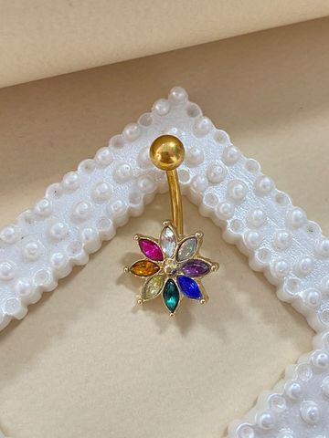 Glam Vacation Shiny Flower Stainless Steel Alloy Plating Inlay Rhinestones Belly Ring
