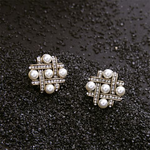 1 Pair Simple Style Square Inlay Alloy Pearl Zircon Gold Plated Ear Studs