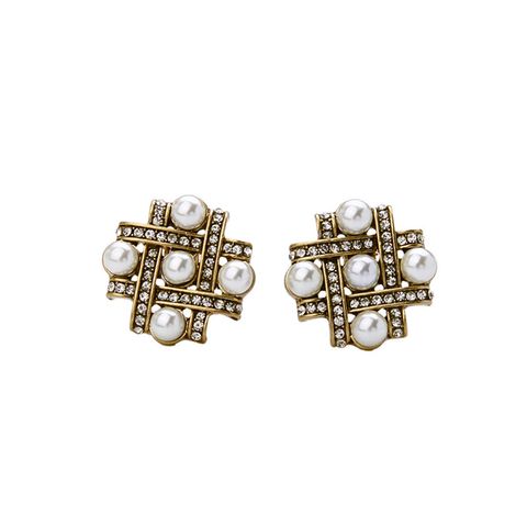 1 Pair Simple Style Square Inlay Alloy Pearl Zircon Gold Plated Ear Studs