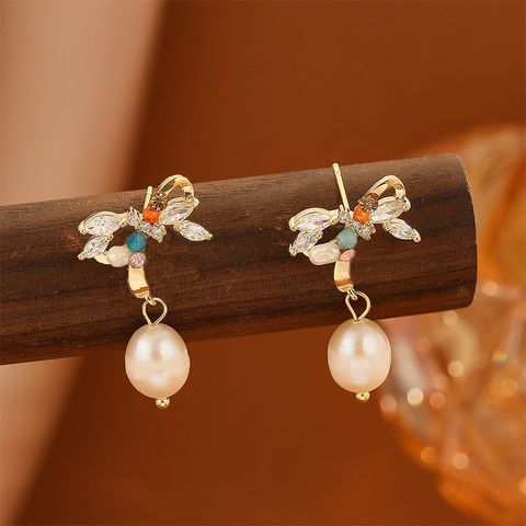 1 Pair Elegant Retro Bow Knot Inlay Freshwater Pearl Copper Agate Zircon Drop Earrings