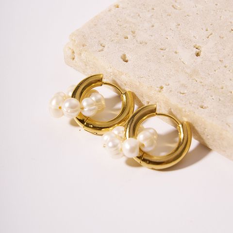1 Pair French Style British Style Round Plating 201 Stainless Steel Freshwater Pearl 18K Gold Plated Earrings