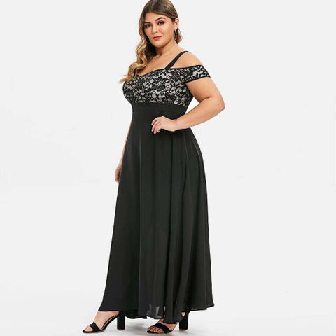 Women's Chiffon Dress Simple Style Off Shoulder Lace Solid Color Maxi Long Dress Daily