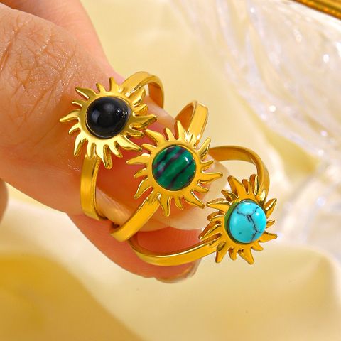 304 Stainless Steel 18K Gold Plated Retro Plating Inlay Sun Turquoise Obsidian Open Rings