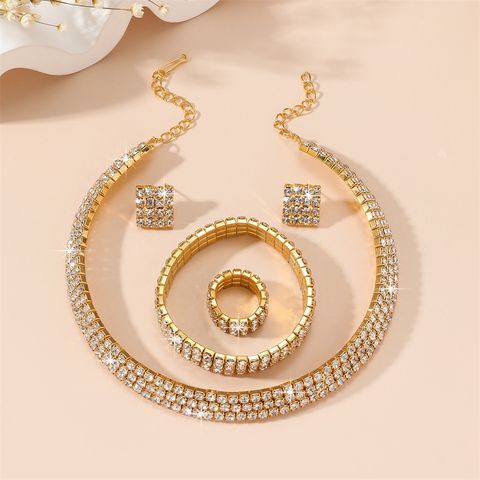 Classic Style Solid Color Alloy Inlay Rhinestones Women's Rings Earrings Necklace
