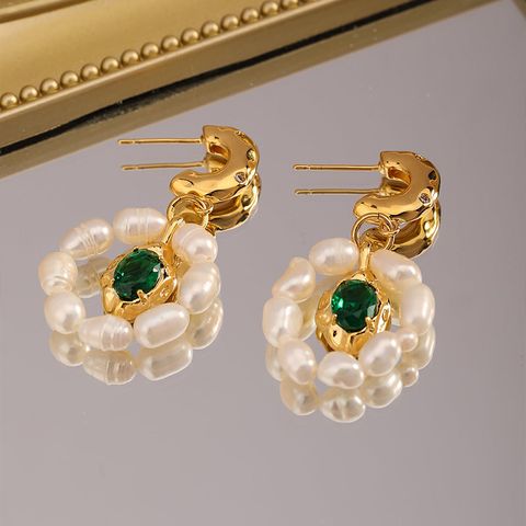 1 Pair Elegant Round Inlay Freshwater Pearl Copper Zircon Drop Earrings