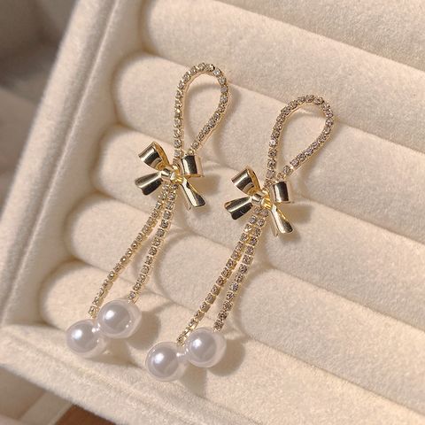 1 Pair Elegant Lady Classic Style Bow Knot Inlay Alloy Zircon Drop Earrings