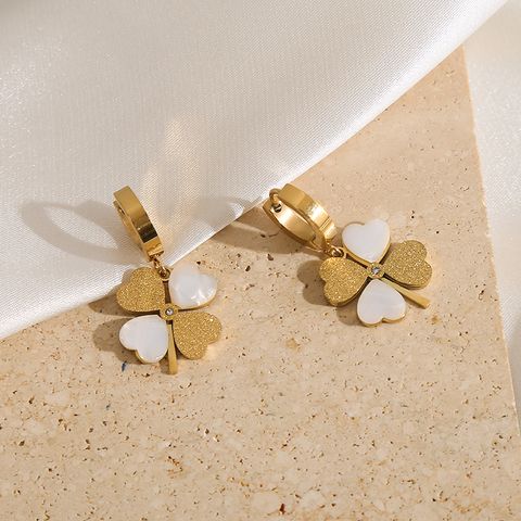 1 Pair Cute Bridal Four Leaf Clover Plating Carving 316 Stainless Steel  14K Gold Plated Earrings Ear Studs
