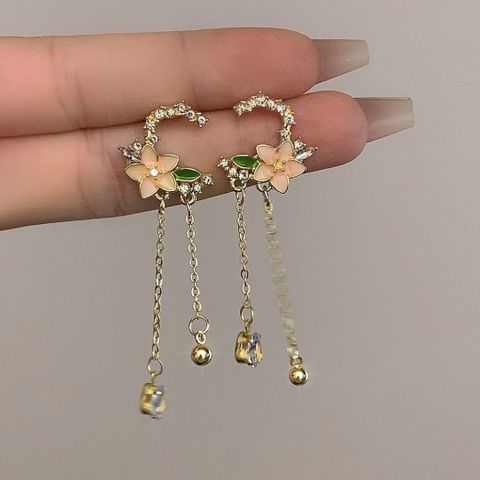 1 Pair Simple Style Flower Inlay Alloy Zircon Drop Earrings