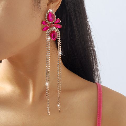 1 Pair Elegant Luxurious Shiny Flower Inlay Alloy Rhinestones Drop Earrings