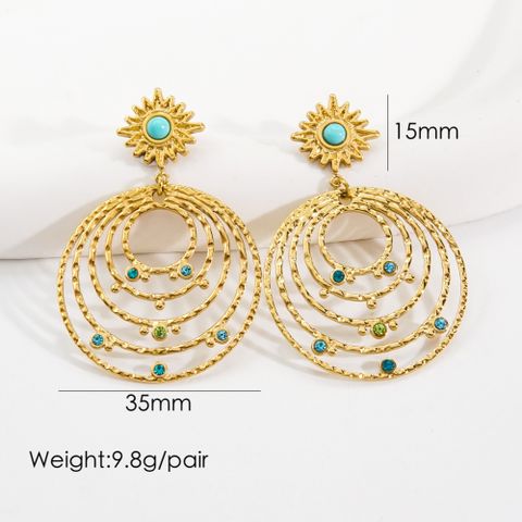 1 Pair Bohemian Round Plating Inlay 304 Stainless Steel Natural Stone Zircon 14K Gold Plated Drop Earrings