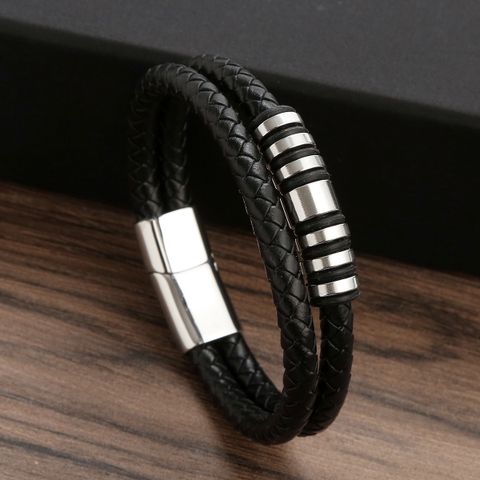 Glam Classical Solid Color Solid Color Stainless Steel Pu Leather Handmade Men's Bangle