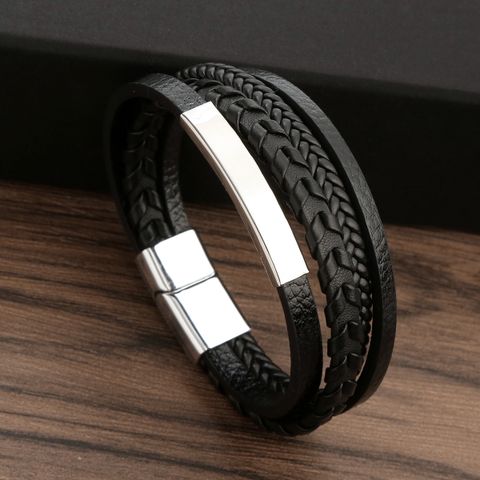 Punk Solid Color Pu Leather Alloy Handmade Men'S Bangle