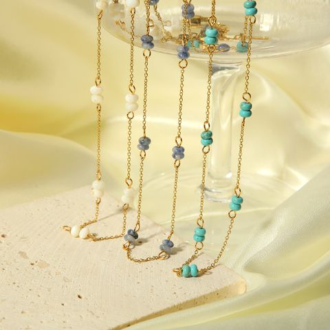 201 Stainless Steel Natural Stone 18K Gold Plated Princess Sweet Commute Beaded Plating Solid Color Natural Stone Handmade Necklace