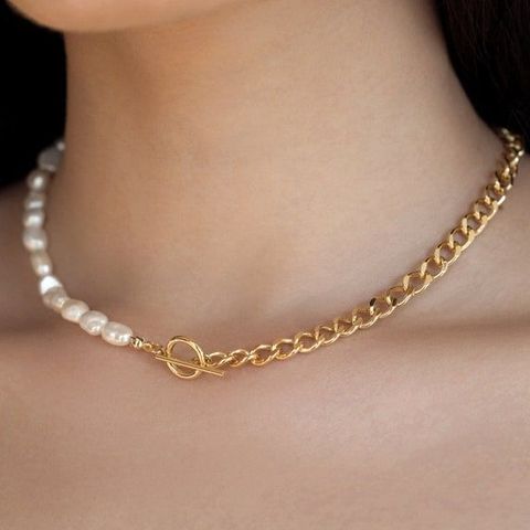 201 Stainless Steel Freshwater Pearl 18K Gold Plated Luxurious Romantic Beaded Plating Color Block Necklace