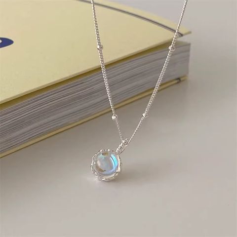 Simple Style Round Sterling Silver Inlay Moonstone Pendant Necklace