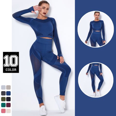 Sports Solid Color Nylon Round Neck Tracksuit T-shirt Leggings