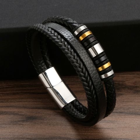 Clásico Bloque De Color Acero Inoxidable Cuero Sintético Hecho A Mano Hombres Brazalete