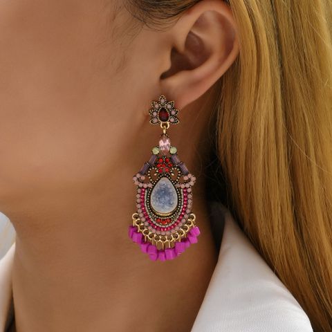 Retro Ethnic Style Simple Style Geometric Alloy Tassel Inlay Artificial Gemstones Resin Women's Drop Earrings