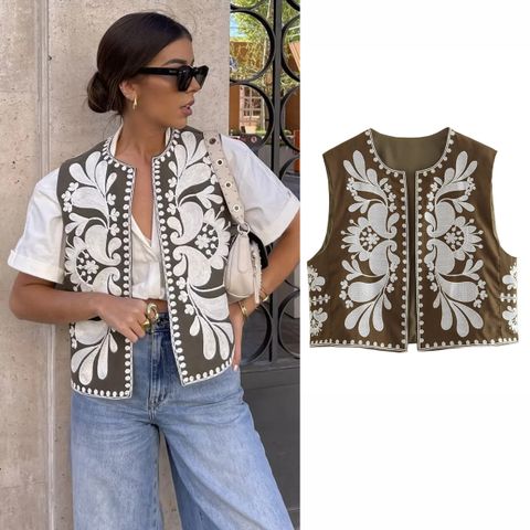 Women's Vintage Style Streetwear Flower Embroidery Placket Coat Casual Jacket