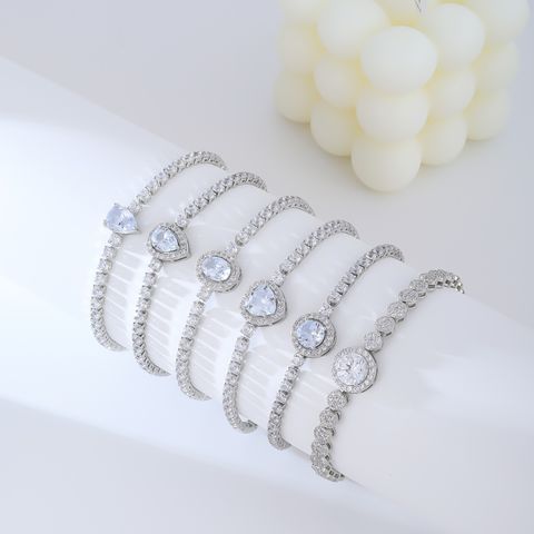Copper Rhodium Plated Simple Style Shiny Inlay Round Water Droplets Heart Shape Zircon Tennis Bracelet