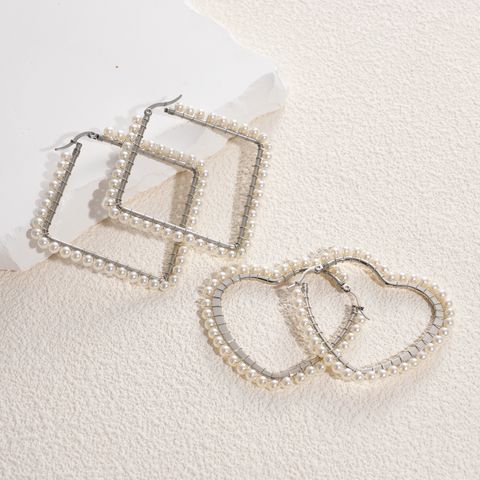 1 Pair Lady Simple Style Geometric Square Heart Shape Inlay 304 Stainless Steel Pearl Earrings