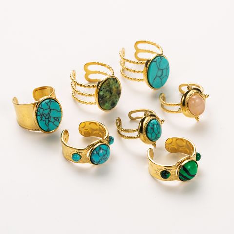 304 Stainless Steel 14K Gold Plated Retro Inlay Oval Turquoise Open Rings