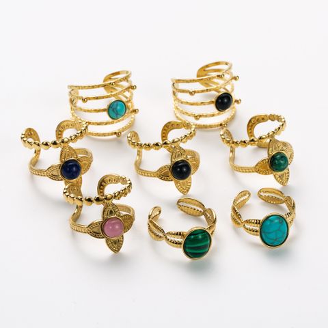 304 Stainless Steel 14K Gold Plated Retro Inlay Oval Flower Artificial Gemstones Turquoise Shell Open Rings