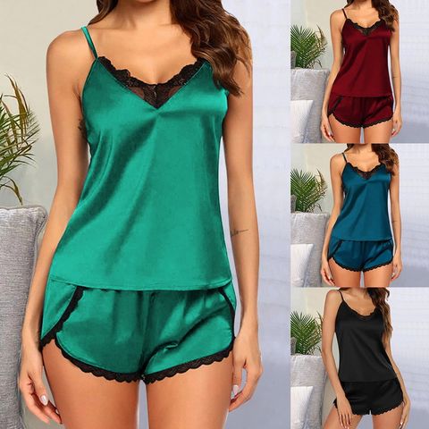 Women's Sexy Solid Color Imitated Silk Polyester Lace Shorts Sets
