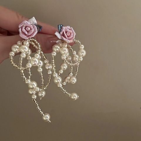 1 Pair Elegant Lady Sweet Geometric Heart Shape Bow Knot Inlay Alloy Artificial Pearls Zircon Earrings