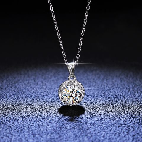 Simple Style Round Sterling Silver Inlay Moissanite Zircon Pendant Necklace