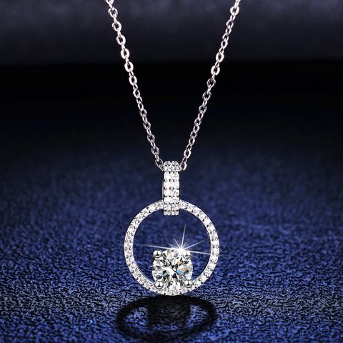 Simple Style Round Sterling Silver Inlay Moissanite Pendant Necklace