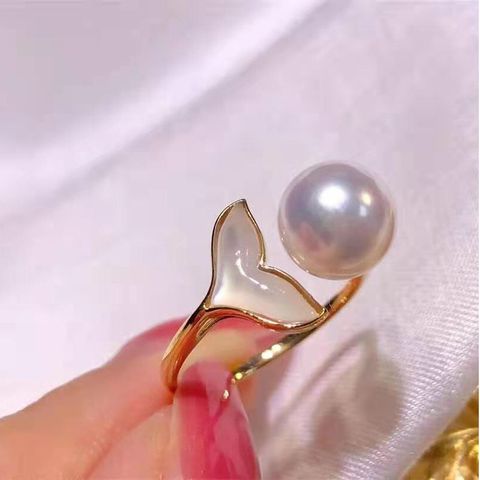 Sweet Fish Tail Copper Inlay Freshwater Pearl Open Rings
