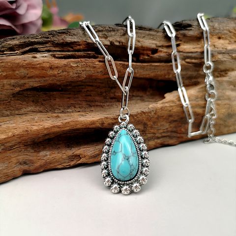 Retro Bohemian Oval Alloy Plating Inlay Turquoise Women's Pendant Necklace