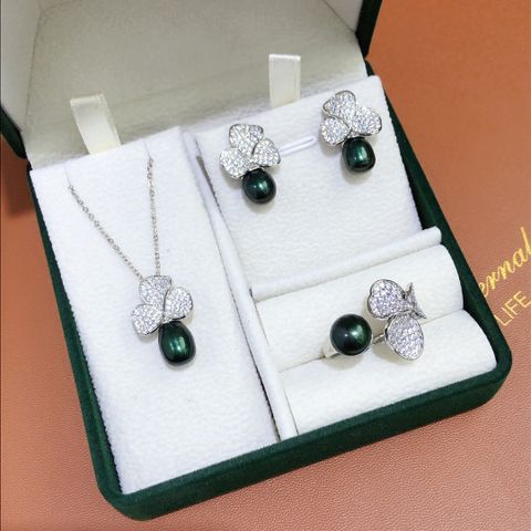 Wholesale Jewelry Elegant Lady Geometric Copper Freshwater Pearl Zircon Inlay Pendant Necklace Open Rings Drop Earrings