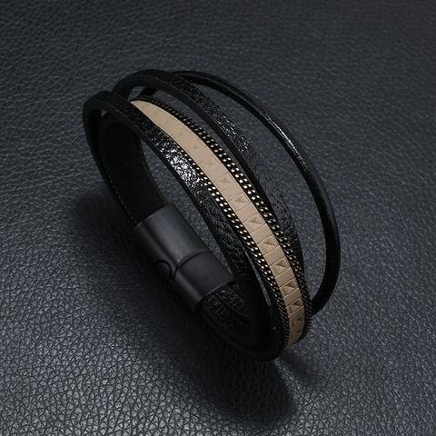 Original Design Solid Color Pu Leather Alloy Handmade Men's Bangle