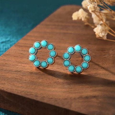 1 Pair Retro Lady Round Plating Inlay Alloy Turquoise Silver Plated Ear Studs
