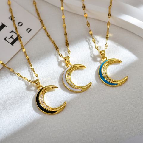 Elegant Luxuriös Mond Titan Stahl Kupfer Emaille Überzug Inlay Zirkon 18 Karat Vergoldet Halskette Mit Anhänger