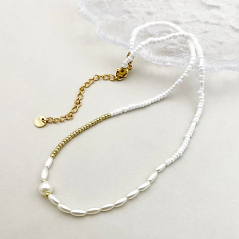 Wholesale Jewelry Lady Vacation Round Stainless Steel Imitation Pearl Gold Plated Plating Bracelets Necklace