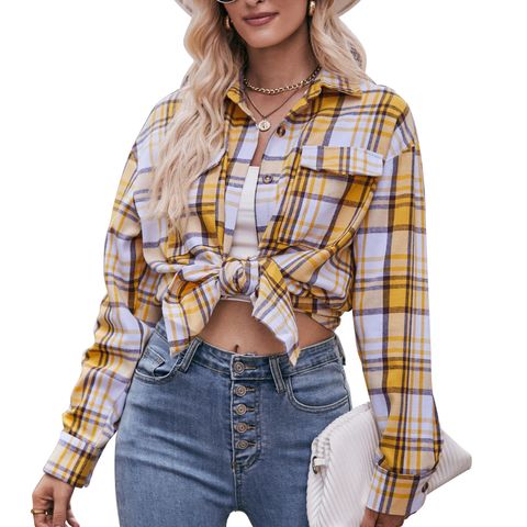 Women's Blouse Long Sleeve Blouses Pocket Casual Simple Style Plaid