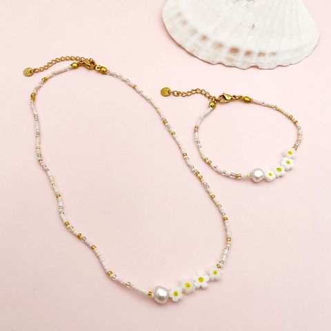 Sweet Pastoral Flower Gold Plated Crystal Pearl Beads 304 Stainless Steel Beaded Wholesale Bracelets Necklace